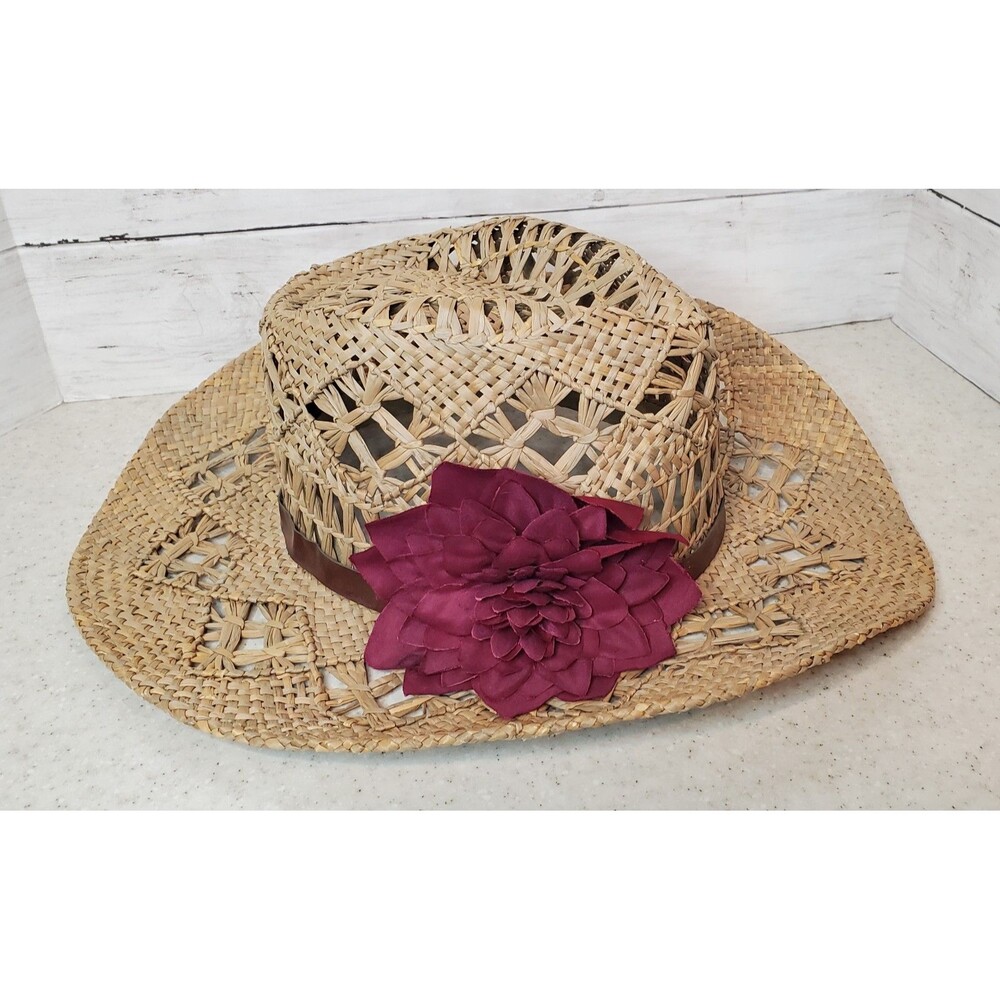 ABG Accessories Straw Cowgirl Cowboy Western Hat Fuchsia Flower Fedora Boho